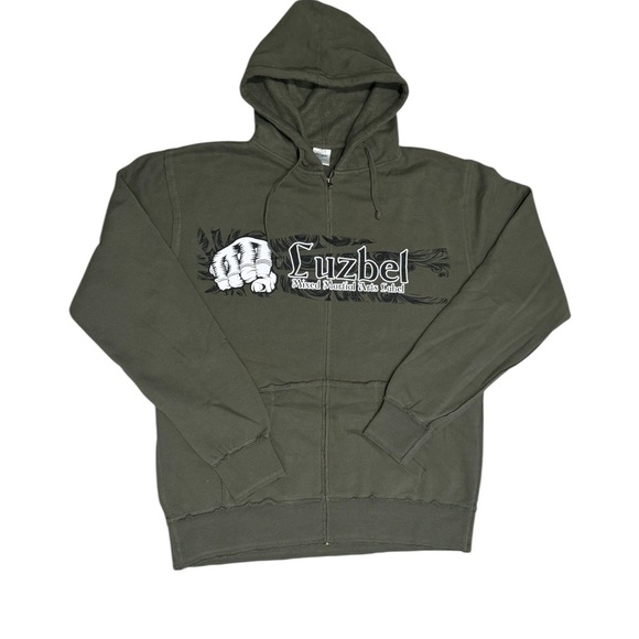 Y2K Olive Green Zip Up Graphic Hoodie NWOT - Picture 1 of 3